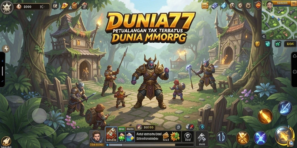 Tampilan gameplay menakjubkan dalam DUNIA77 yang menunjukkan pertarungan epik.