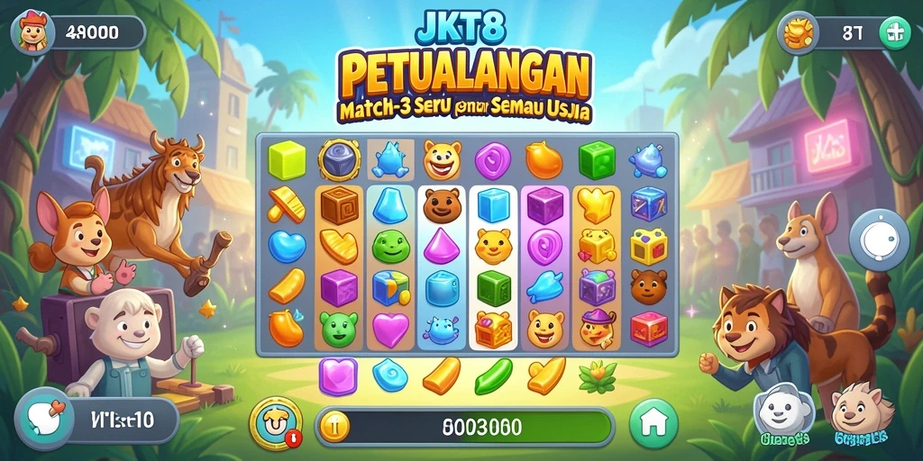 Screenshot gameplay JKT8 dengan tantangan seru dan warna-warni.