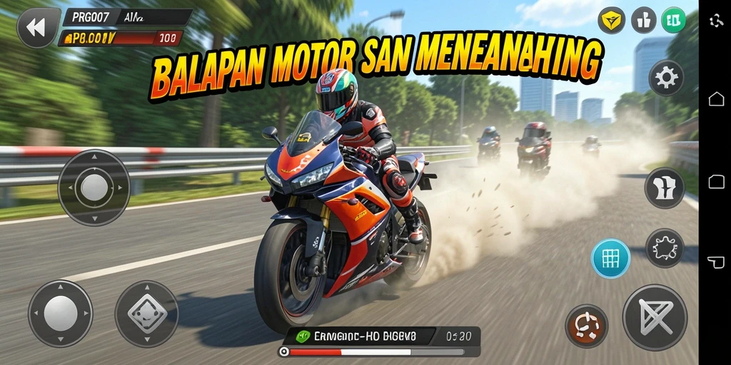 Screenshot PRG007 menampilkan aksi balapan motor yang mendebarkan.