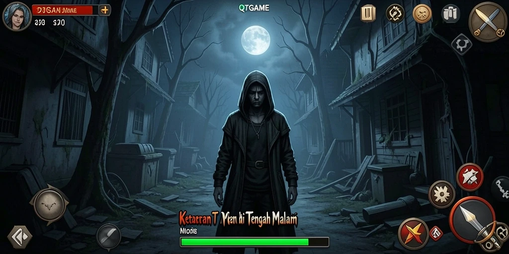 Screenshot gameplay QTGAME menampilkan suasana horor yang mencekam.