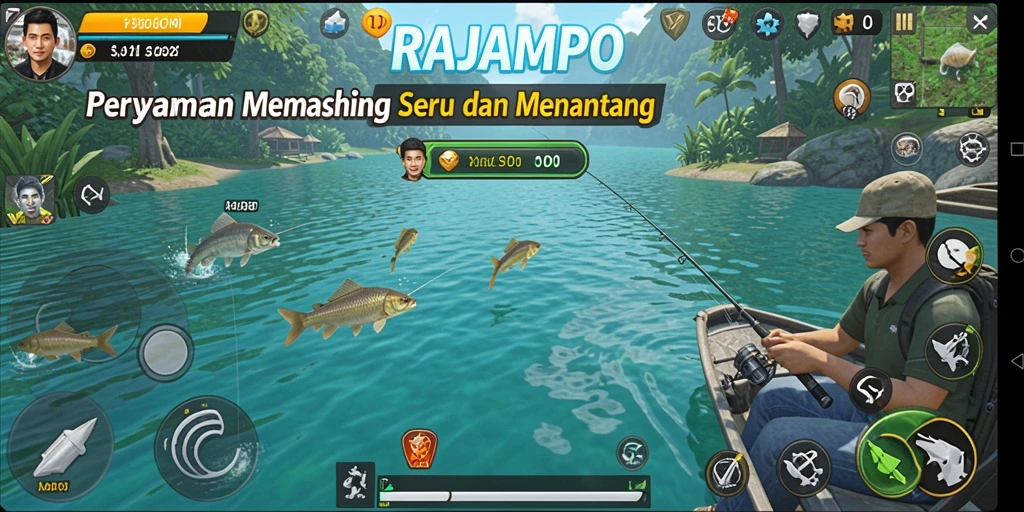 Screenshot utama RAJAMPO menampilkan gameplay memancing yang seru.
