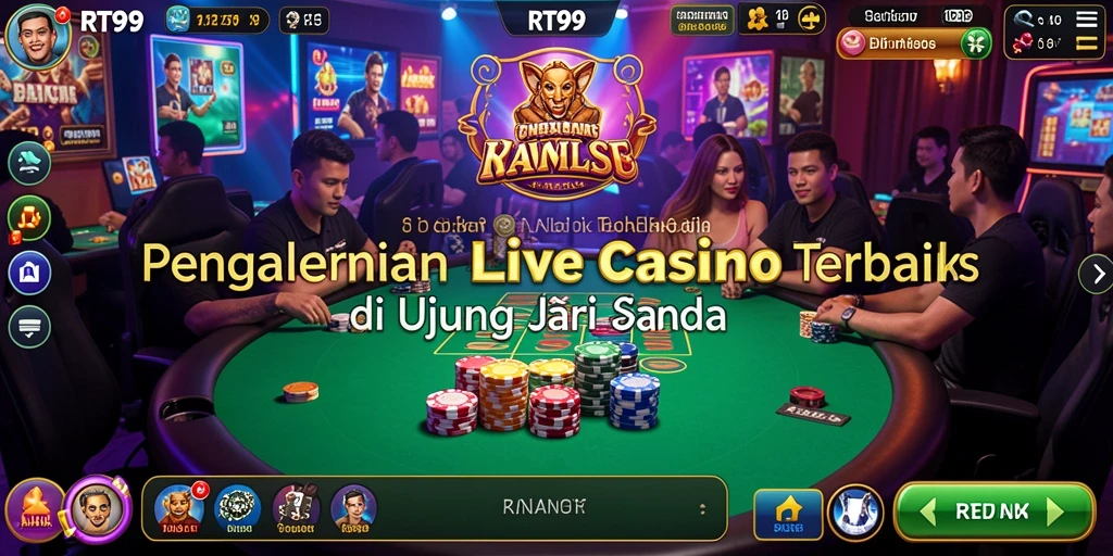 Screenshot RT99 menampilkan suasana Live Casino dengan dealer dan pemain yang berinteraksi.